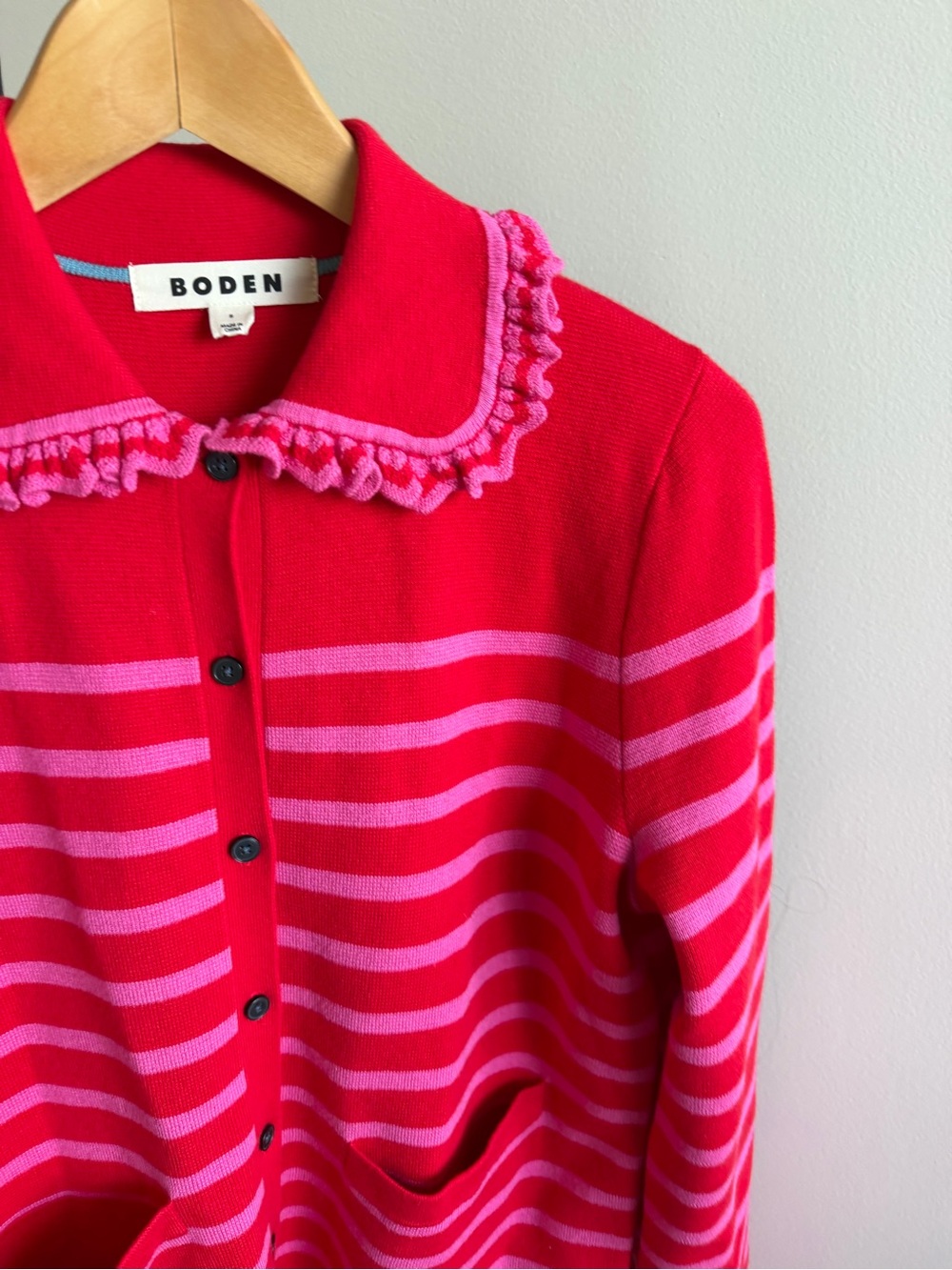 Boden Red & Pink Striped Ruffle Collar Cardigan Sweater Size S NWOT Wool Cotton - Picture 11 of 13